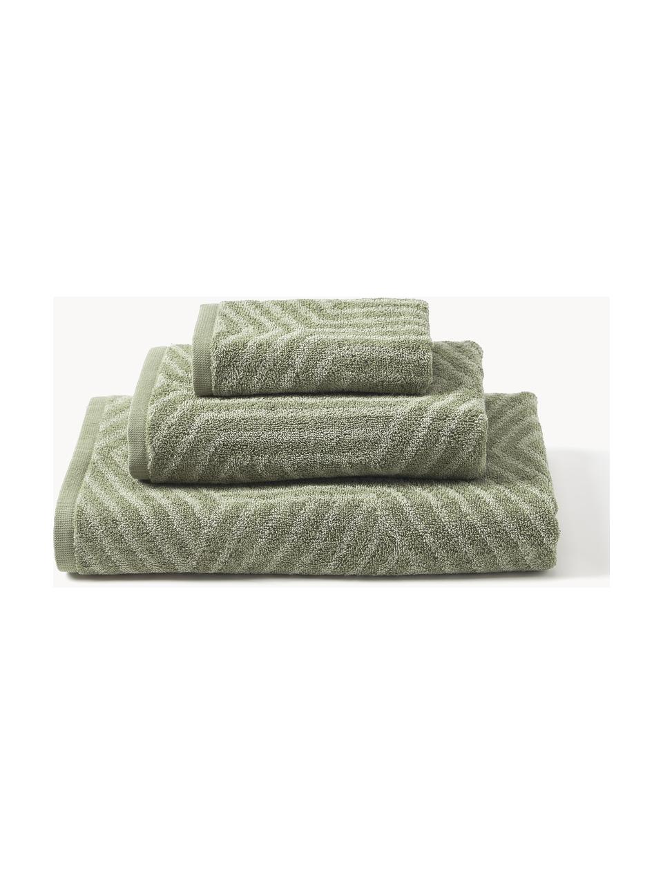 Set de toallas Fatu, tamaños diferentes, Tonos de verde oliva, Set de 3 (toalla tocador, toalla lavabo y toalla ducha)