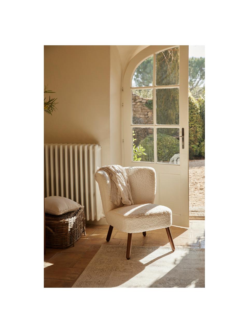 Teddy fauteuil Robine in wit, Bekleding: teddy (polyester), Poten: berkenhout, gelakt, Teddy wit, berkenhoutkleurig, gelakt, B 63 x D 73 cm