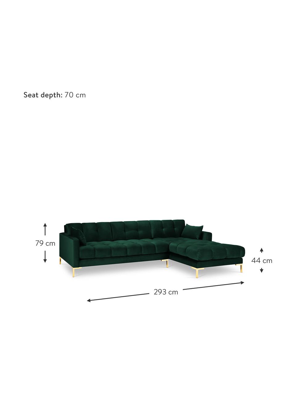 Divano angolare 5 posti in velluto Mamaia, Rivestimento: velluto 100% poliestere (, Struttura: Pino massiccio, truciolat, Velluto verde bottiglia, ottonato, Larg. 293 x Prof. 185 cm, chaise-longue a sinistra