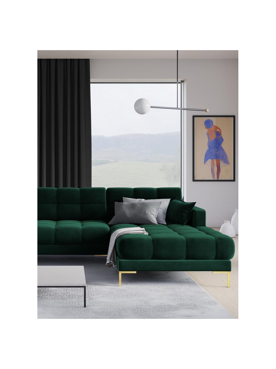 Divano angolare 5 posti in velluto Mamaia, Rivestimento: velluto 100% poliestere (, Struttura: Pino massiccio, truciolat, Velluto verde bottiglia, ottonato, Larg. 293 x Prof. 185 cm, chaise-longue a sinistra