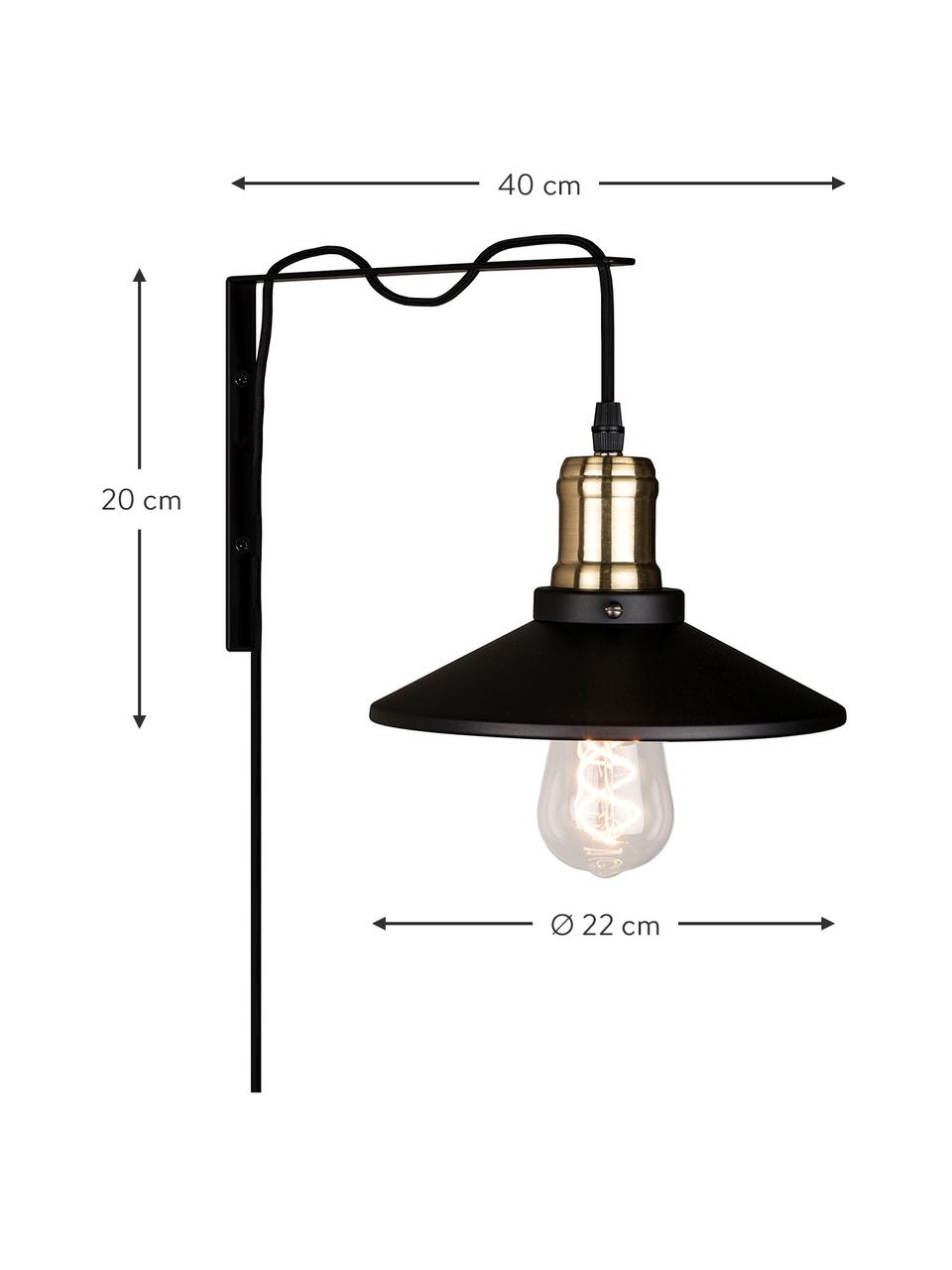 Applique nera con spina Disc, Paralume: metallo rivestito, Struttura: ottone spazzolato, Nero, dorato, Larg. 22 x Prof. 40 cm