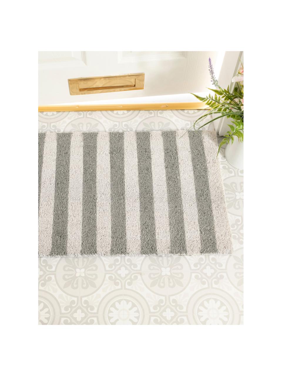 Fussmatte Grey Stripes, Oberseite: Kokosfaser, Unterseite: PCV, Grau, Weiss, B 45 x L 75 cm