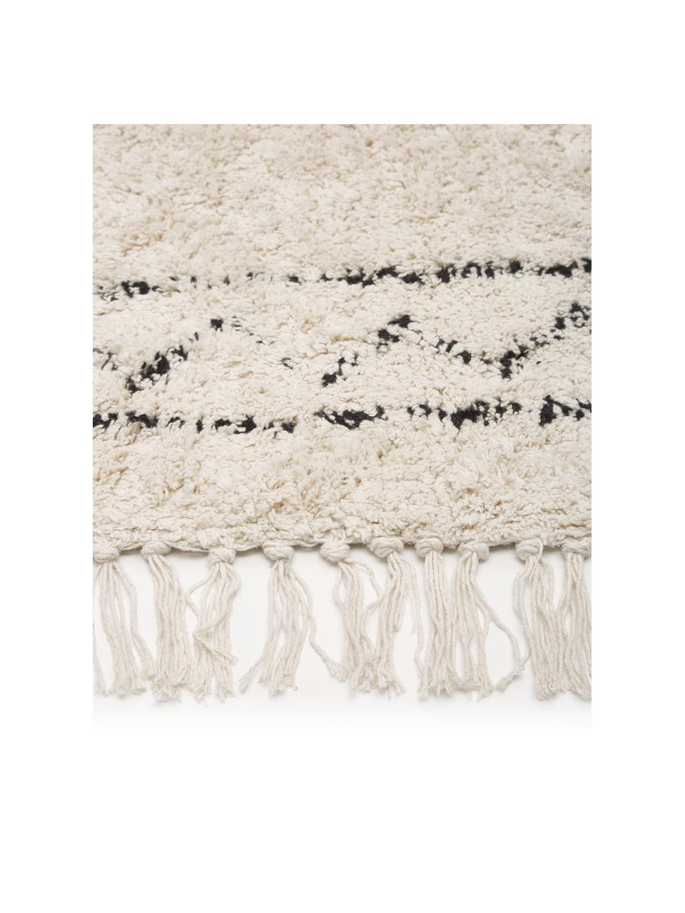 Handgetuft katoenen vloerkleed Fionn met franjes, 100% katoen, Lichtbeige, zwart, B 80 x L 150 cm (maat XS)