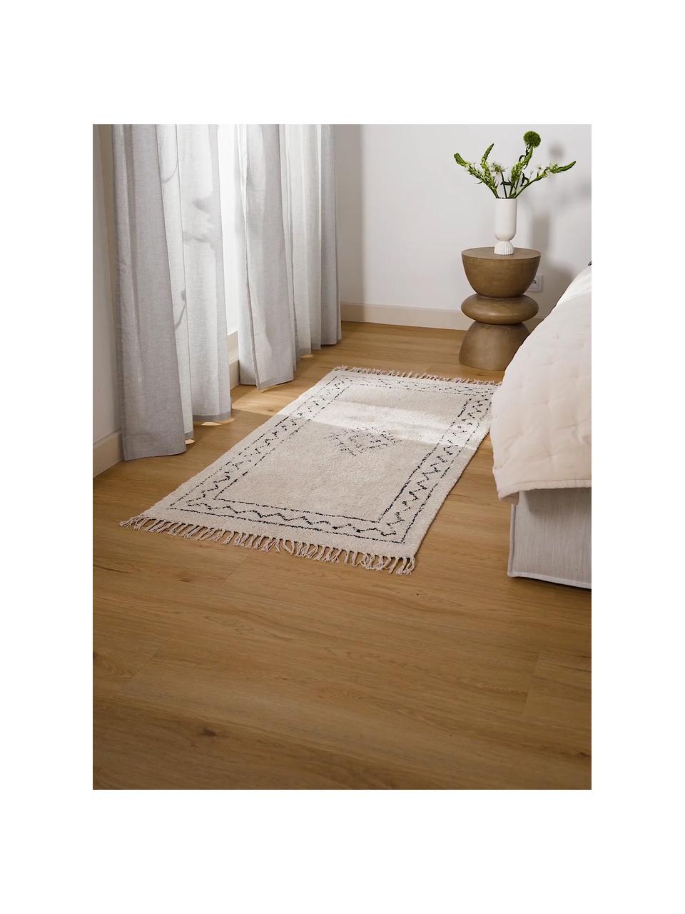Ręcznie tuftowany dywan z bawełny w stylu boho z frędzlami Fionn, 100% bawełna, Beżowy, czarny, S 80 x D 150 cm (Rozmiar XS)