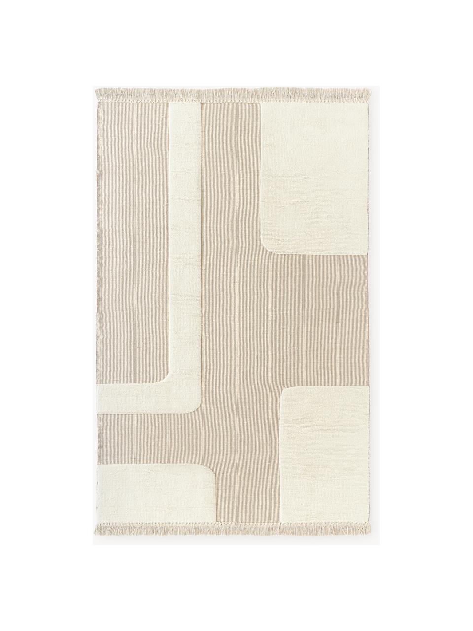 Handgewebter Teppich Laine mit Hoch-Tief-Muster und Fransen, 57 % Wolle (RWS-zertifiziert), 35 % Jute, 8 % Baumwolle, Beige, Cremeweiss, B 160 x L 230 cm (Grösse M)