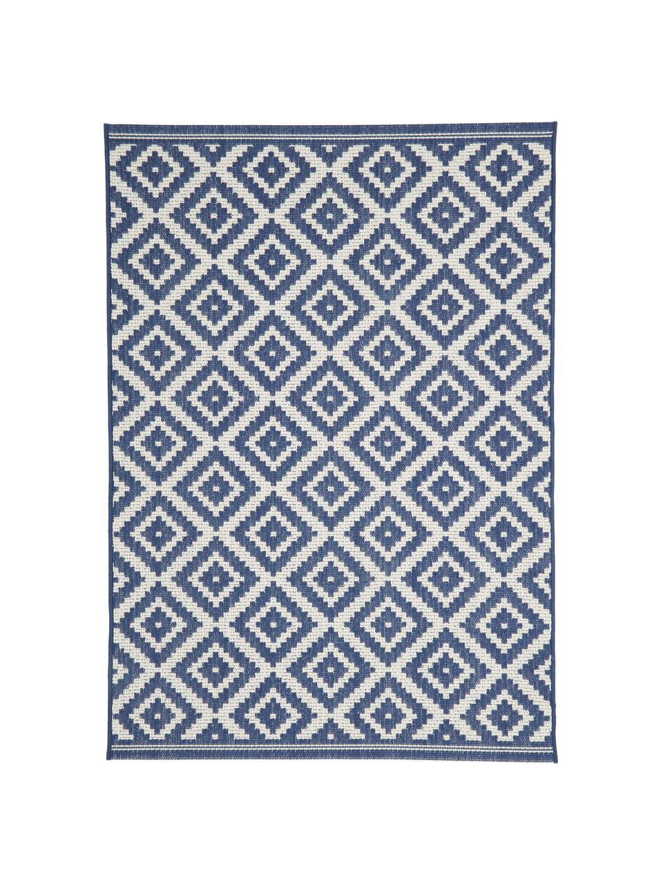 Tapis d'extérieur ethnique Miami, 86 % polypropylène, 14 % polyester, Blanc crème, bleu, larg. 160 x long. 230 cm (taille M)