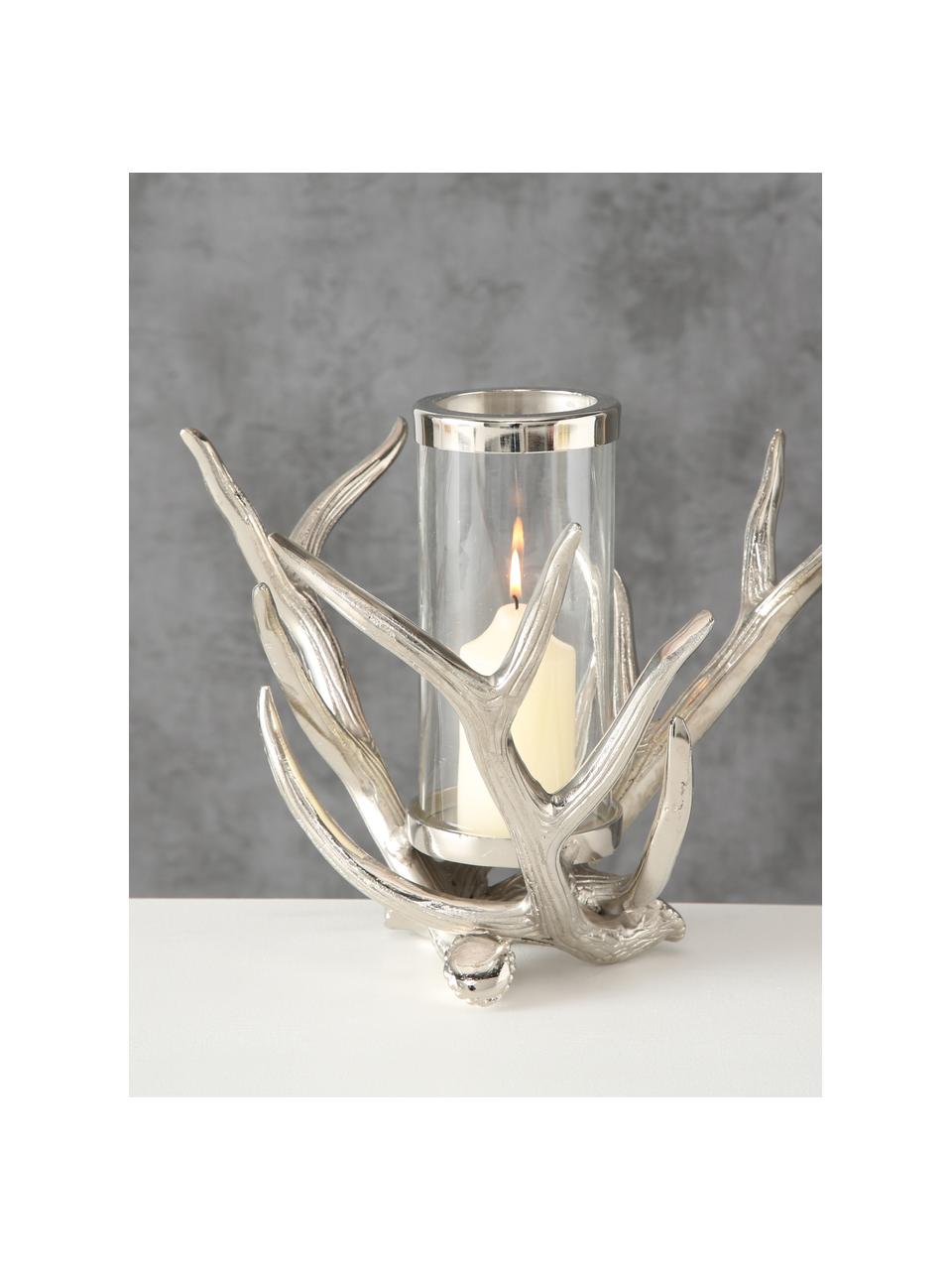 Windlicht Antlers, Windlicht: Aluminium, Transparent, Silberfarben, B 33 x H 25 cm