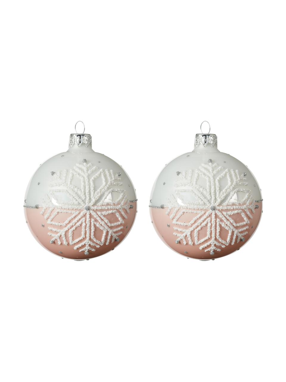 Kerstballen Snowflake Ø 8 cm, 2 stuks, Wit, roze, Ø 8 x H 8 cm