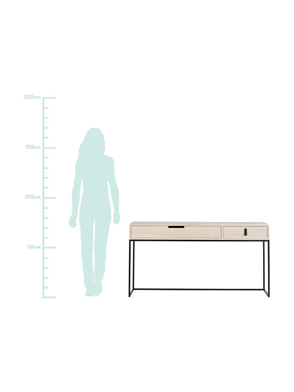 Wandtafel Silas met 2 lades, Frame: geborsteld essenhout, Frame: gelakt metaal, Handvatten: kunstleer, Essenhoutkleurig, zwart, B 140 x D 40 cm