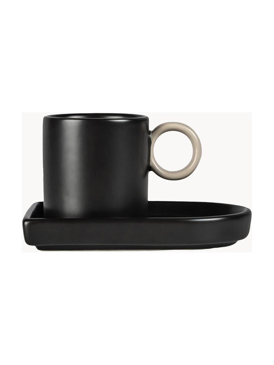 Tazas de café espresso con platitos de porcelana Niki, 2 uds., Porcelana, Negro, beige claro, Ø 6 x Al 6 cm, 80 ml