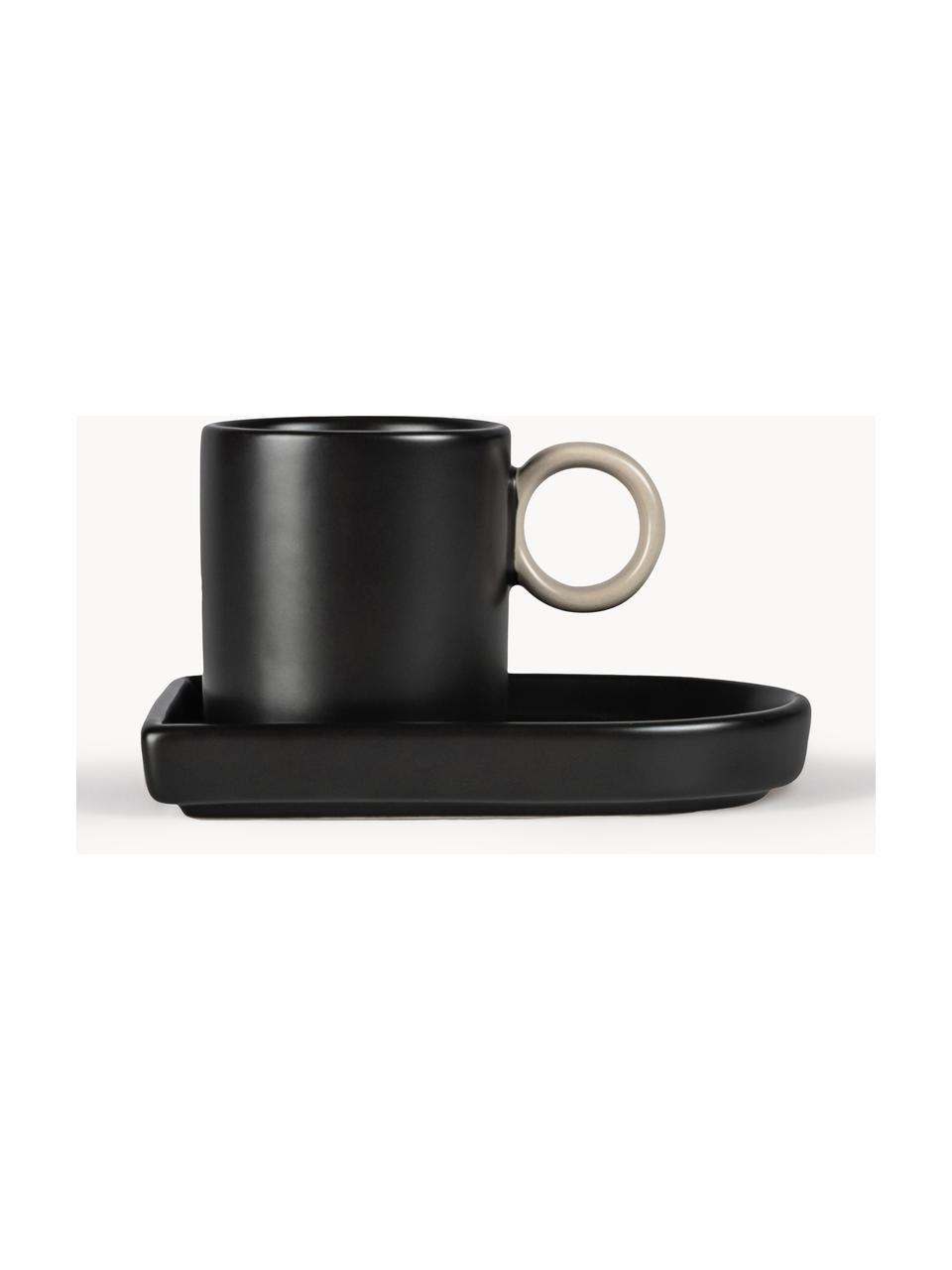 Tazas de café espresso con platitos de porcelana Niki, 2 uds., Porcelana, Negro, beige claro, Ø 6 x Al 6 cm, 80 ml