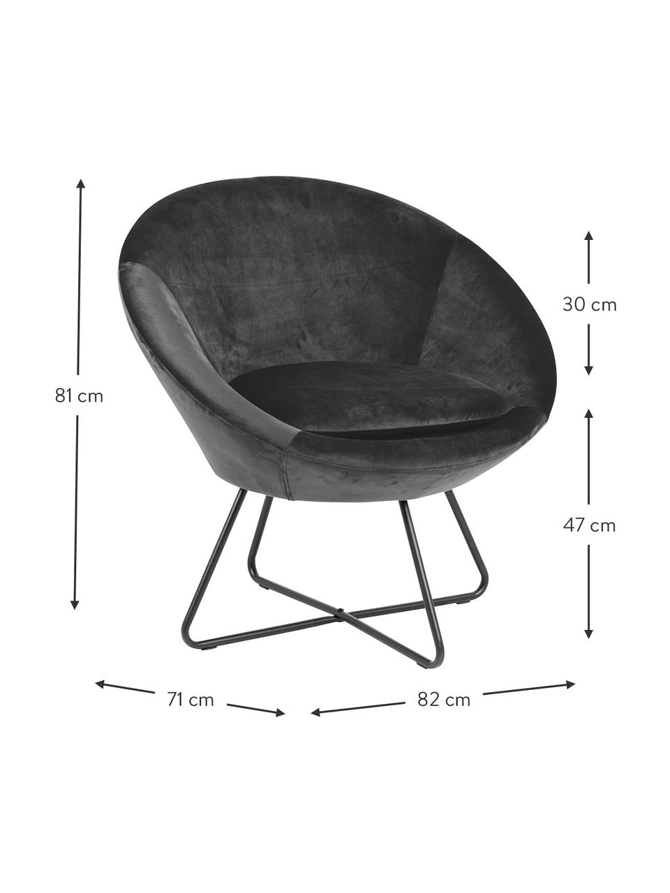 Fotel koktajlowy z aksamitu Center, Tapicerka: aksamit poliestrowy Dzięk, Stelaż: metal malowany proszkowo, Ciemnoszary aksamit, S 82 x G 71 cm