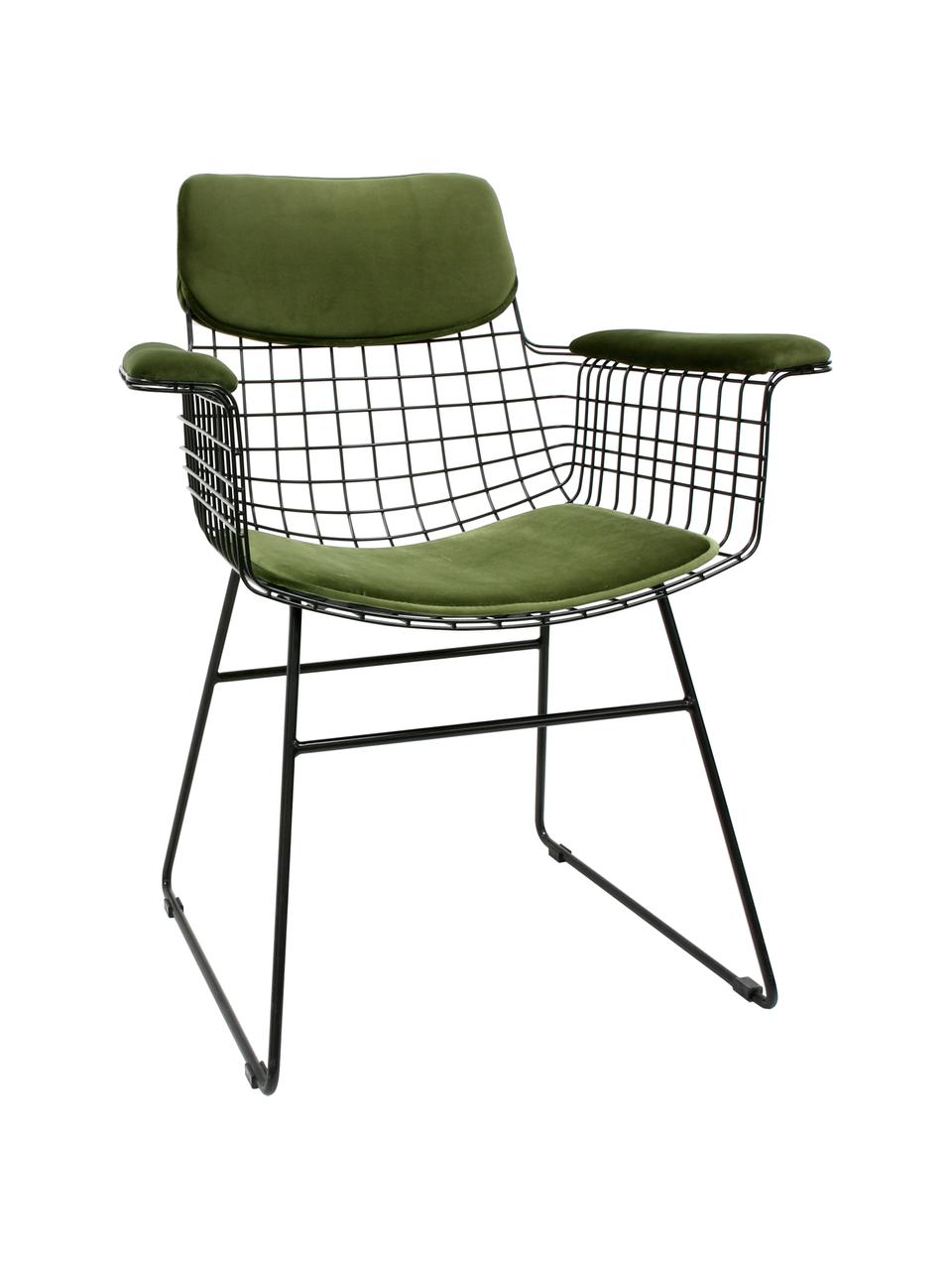 Samt-Sitzauflagen-Set für Metall-Armlehnstuhl Wire, 3-tlg., Bezug: 60% Baumwolle, 40% Polyes, Grün, Set mit verschiedenen Grössen