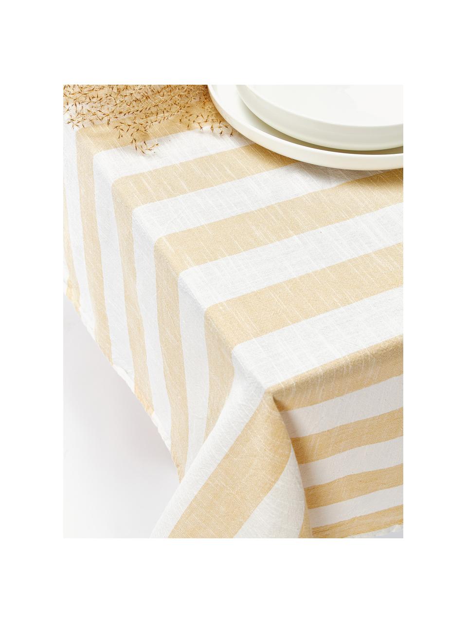 Nappe à rayures Strip, 100 % coton, Blanc, jaune pâle, 6-8 personnes (long. 200 x larg. 140 cm)