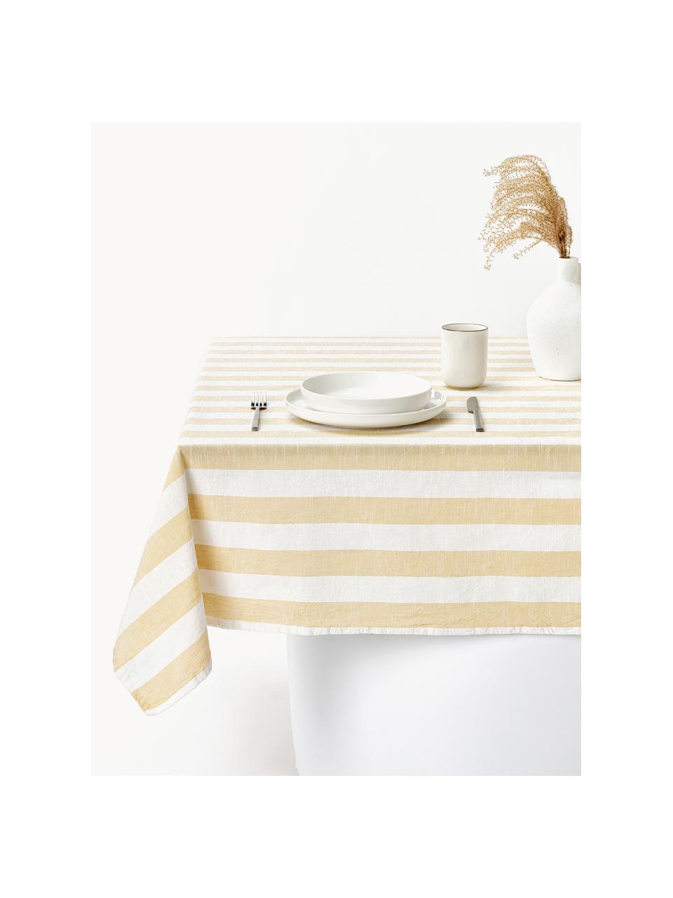 Nappe à rayures Strip, 100 % coton, Blanc, jaune pâle, 6-8 personnes (long. 200 x larg. 140 cm)