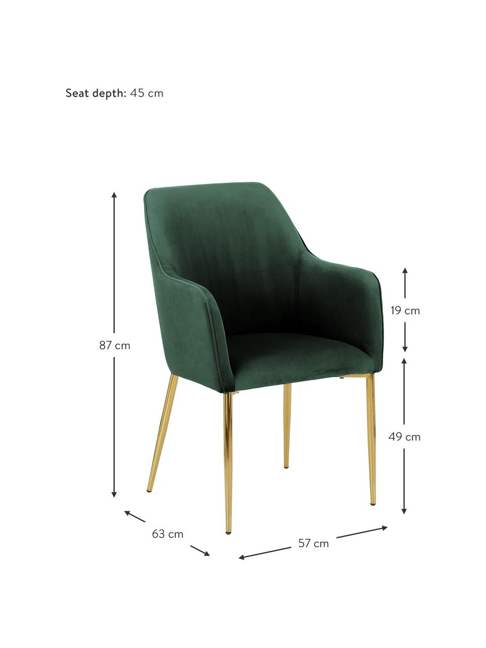 Fluwelen fauteuil Ava in donkergroen, Bekleding: fluweel (100% polyester), Poten: gegalvaniseerd metaal, Fluweel donkergroen, B 57 x D 62 cm