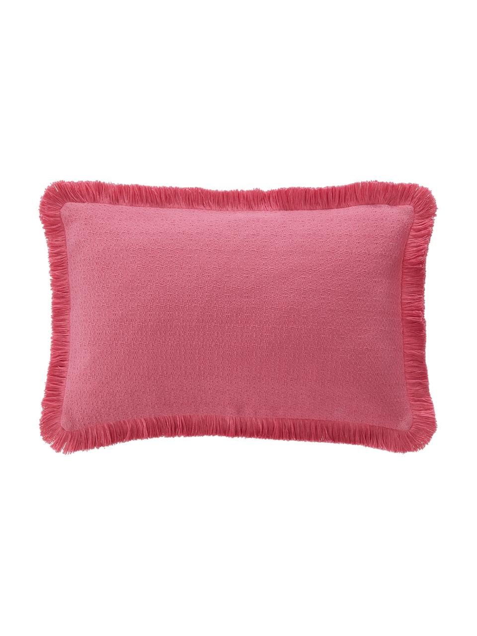 Housse de coussin rectangulaire rose à franges Libi, 100 % coton, Rose, larg. 30 x long. 50 cm