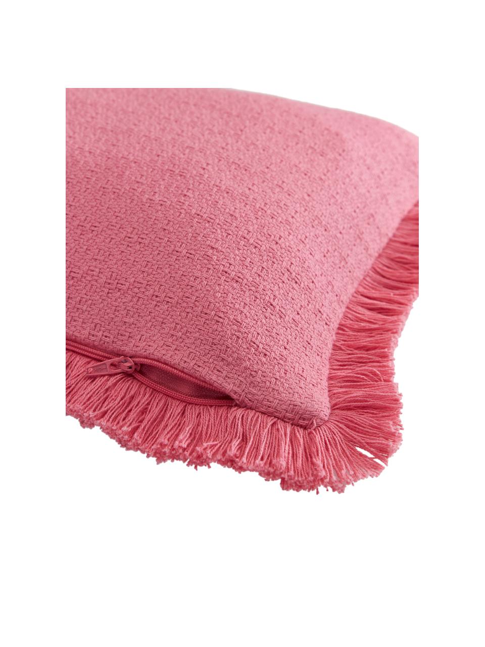 Housse de coussin rectangulaire rose à franges Libi, 100 % coton, Rose, larg. 30 x long. 50 cm