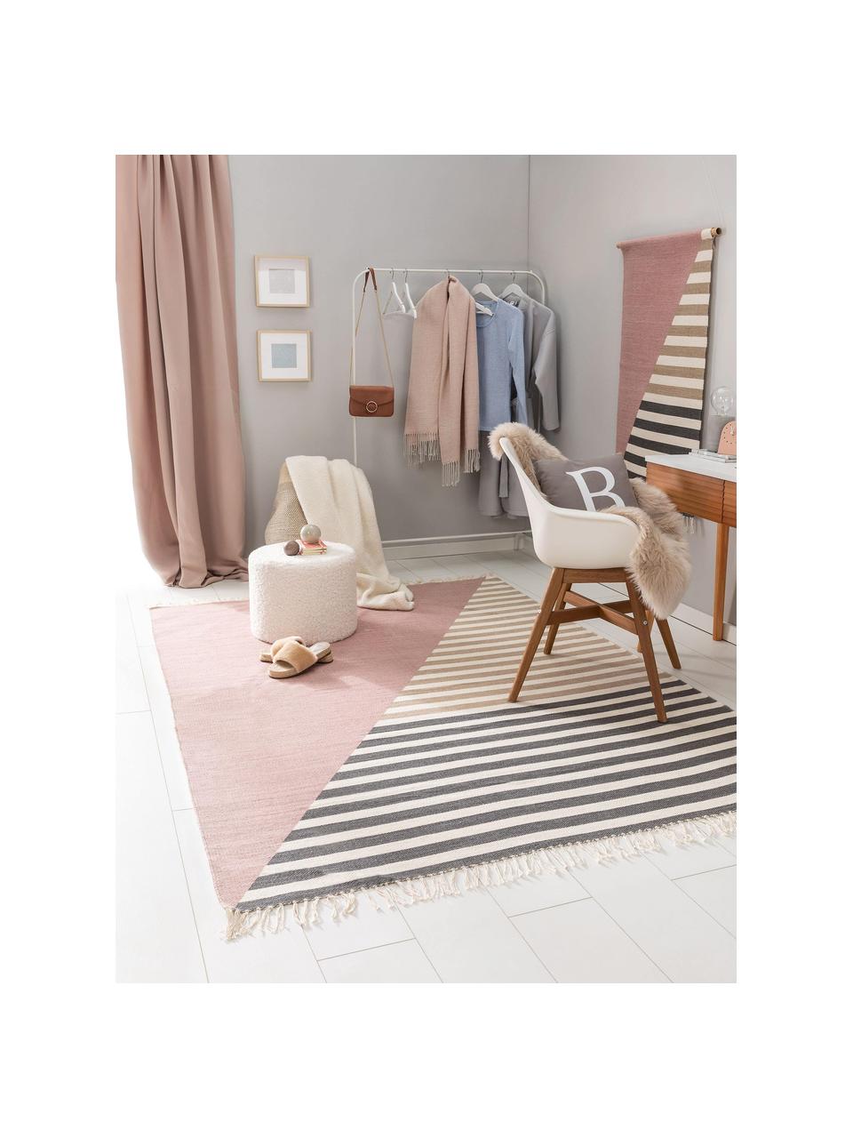 Tappeto in lana a righe con frange Oasis, 100% lana
Nel caso dei tappeti di lana, le fibre possono staccarsi nelle prime settimane di utilizzo, questo e la formazione di lanugine si riducono con l'uso quotidiano, Rosa, beige, taupe, Larg. 160 x Lung. 230 cm