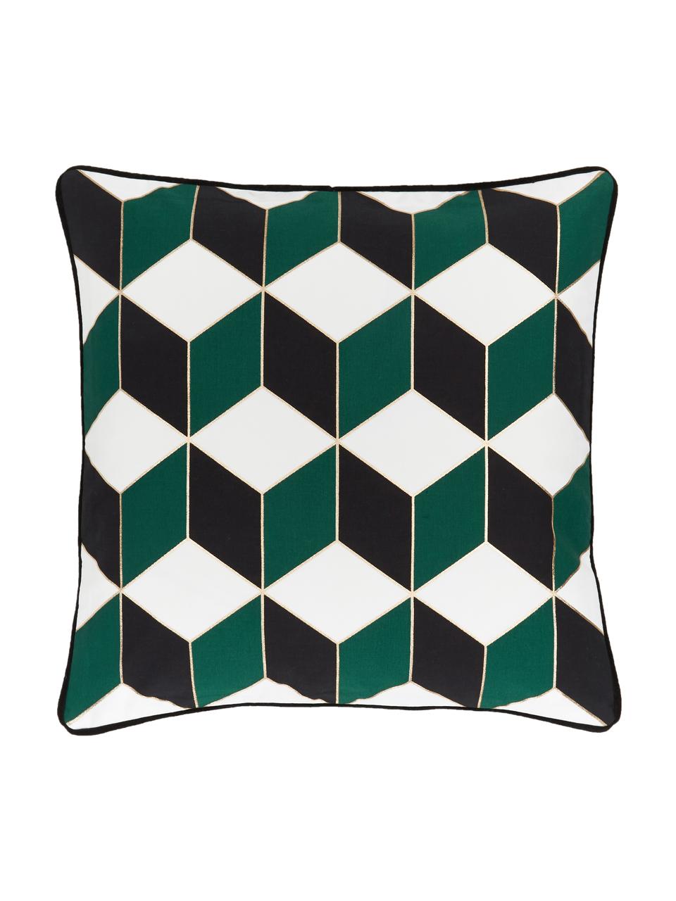 Housse de coussin 45x45 Geo, Blanc crème, vert, couleur dorée