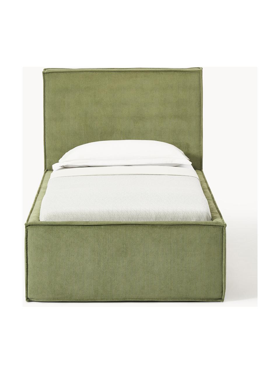 Cama tapizada de pana Dream, Tapizado: pana (92% poliéster, 8% p, Cuerpo: madera de pícea maciza, a, Pana verde oliva, An 90 x L 200 cm