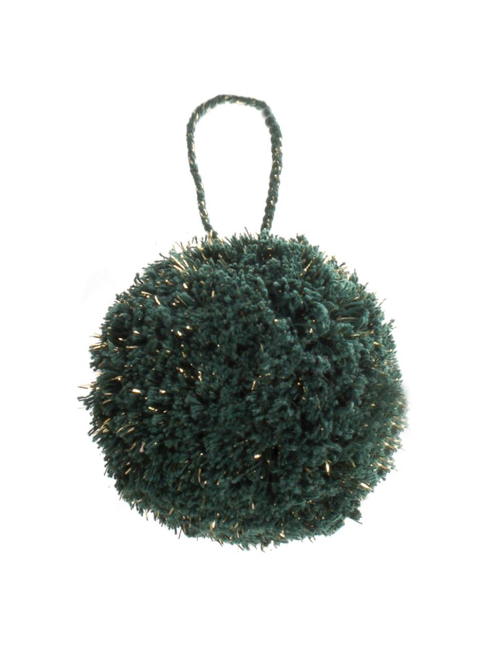 Baumanhänger Pompon, 2 Stück, Baumwolle mit Lurexfaden, Petrol, Goldfarben, Ø 8 x H 14 cm