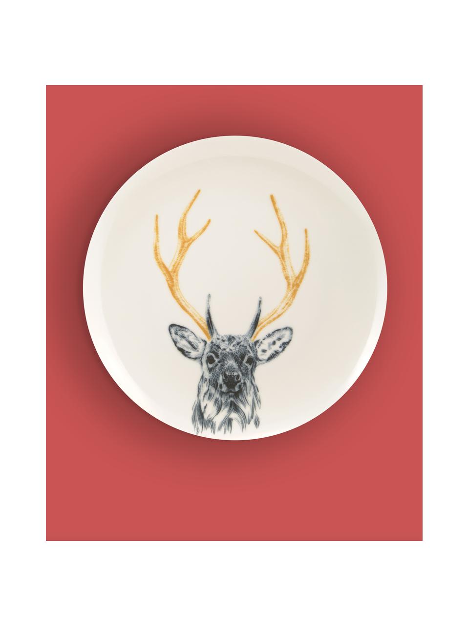 Handgemaakt dinerbord Safari Deer, Porselein, Wit, Ø 26 cm