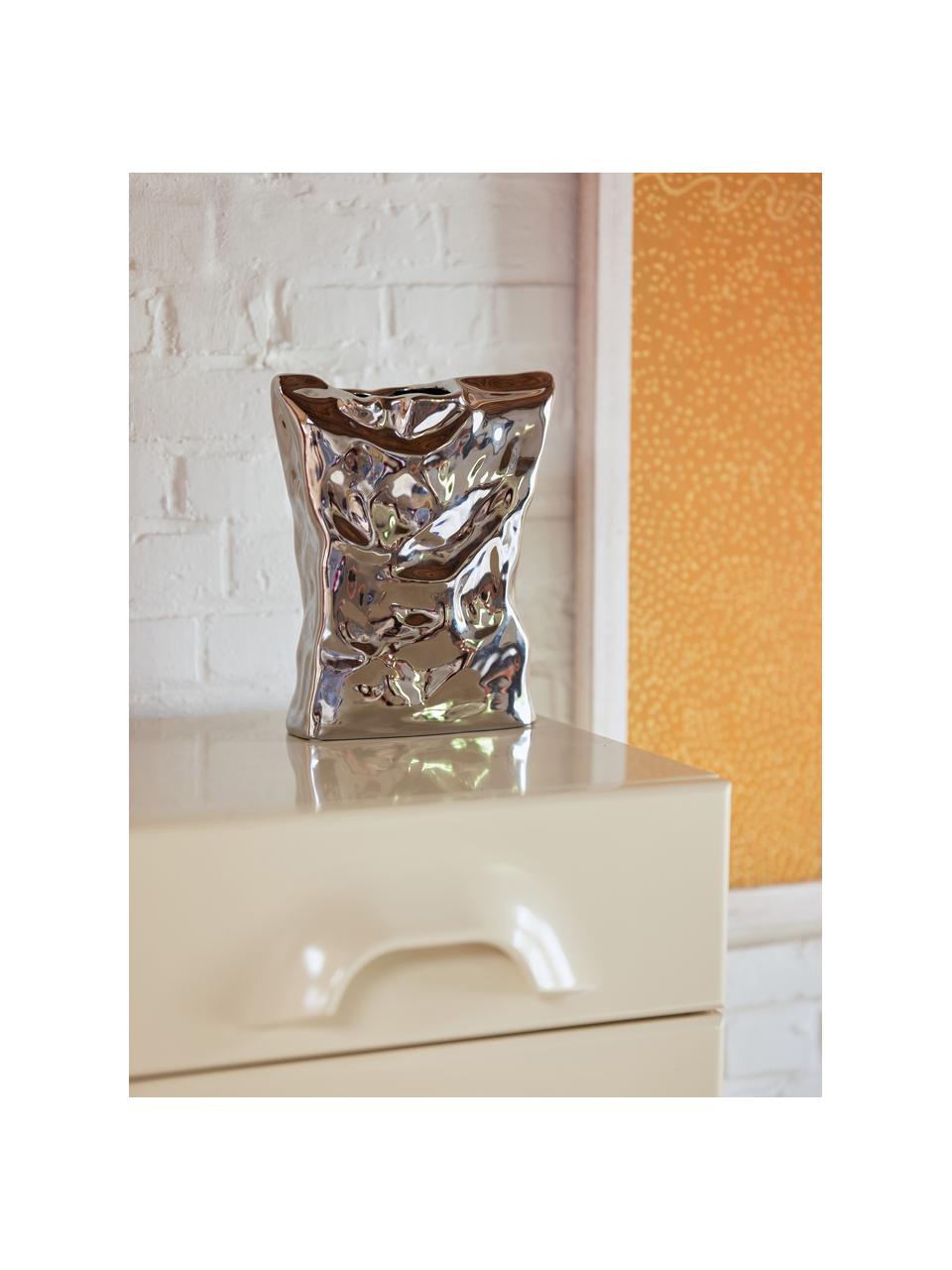Vase design Crisps, haut. 26 cm, Grès cérame, Argenté, larg. 22 x haut. 26 cm