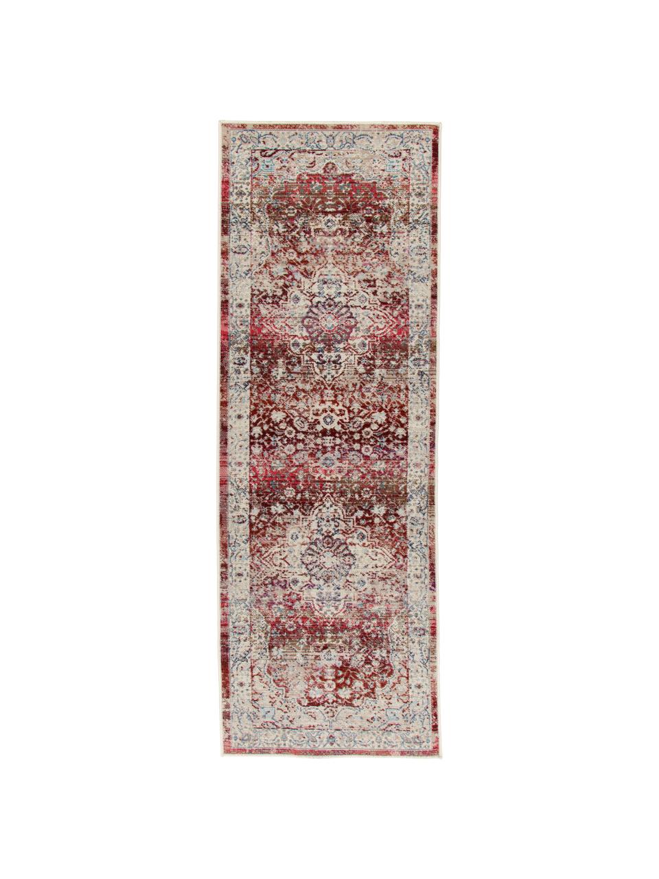 Tapis de couloir poils ras Vintage Kashan, Beige, rouge, bleu, larg. 60 x long. 185 cm