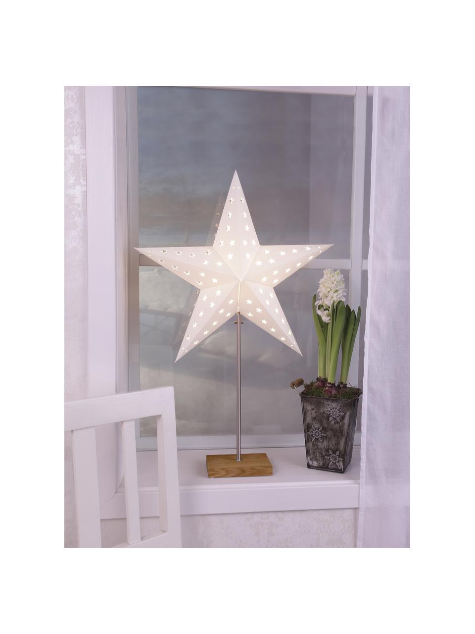 Lichtobject Star, met stekker, Lampenkap: papier, Lampvoet: eikenhout, Stang: gecoat metaal, Wit, helder hout, B 43 x H 65 cm