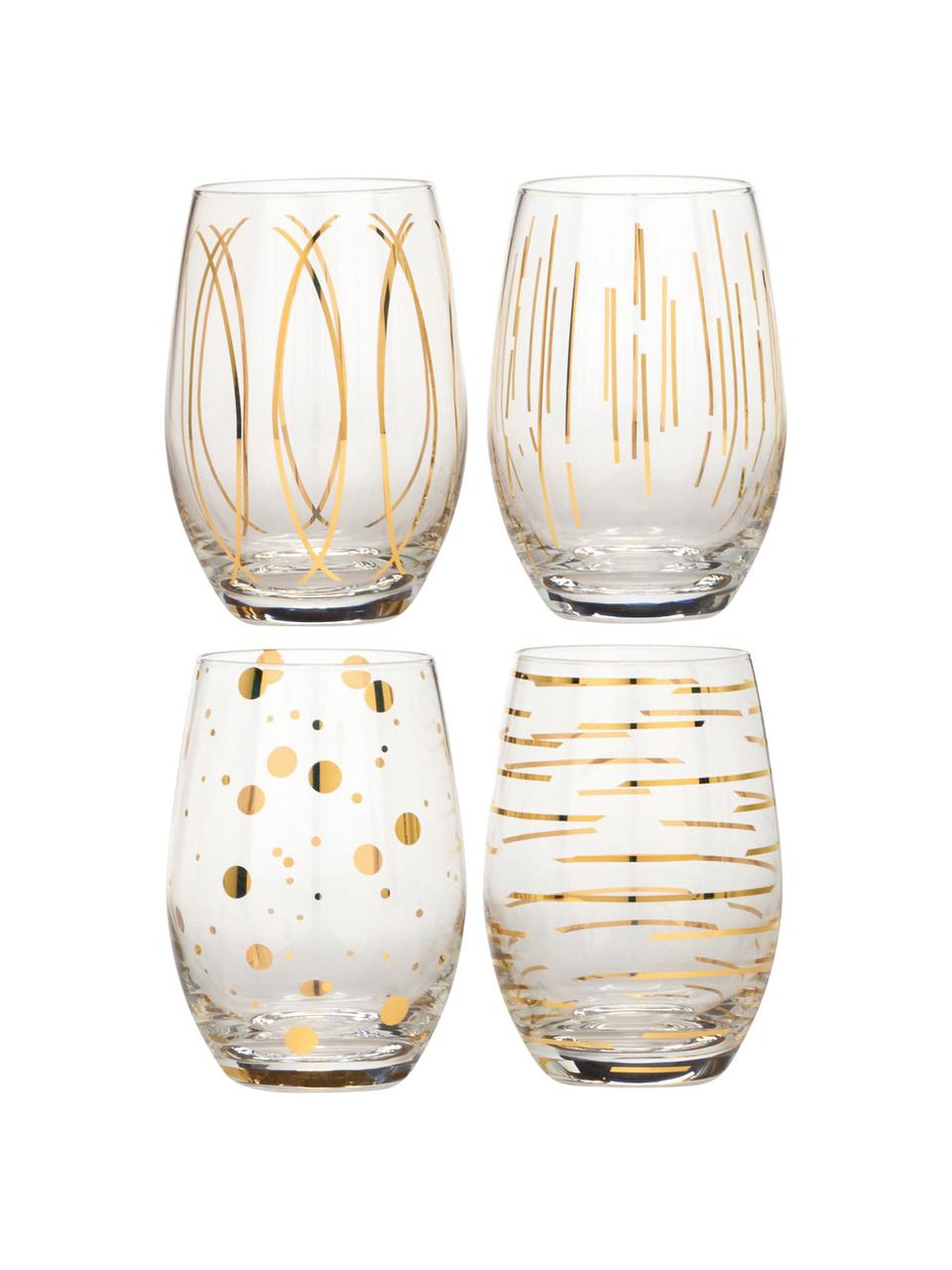 Set 4 bicchieri acqua con decoro in oro Mikasa Cheers, Vetro, Trasparente, dorato, Ø 10 x Alt. 14 cm