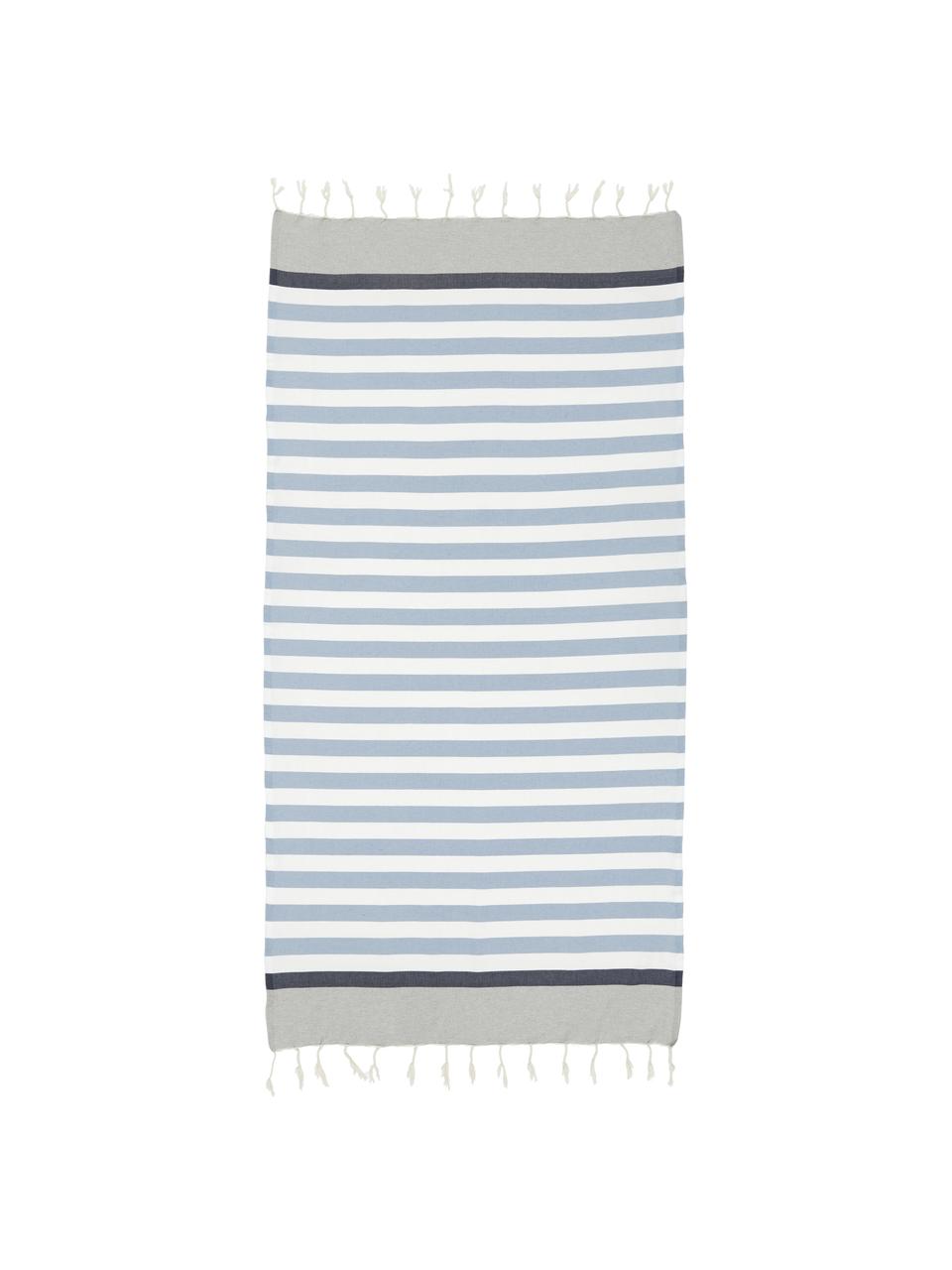 Fouta rayé à franges Arcachon, 100 % coton, Gris clair, blanc, tons bleus, larg. 100 x long. 200 cm