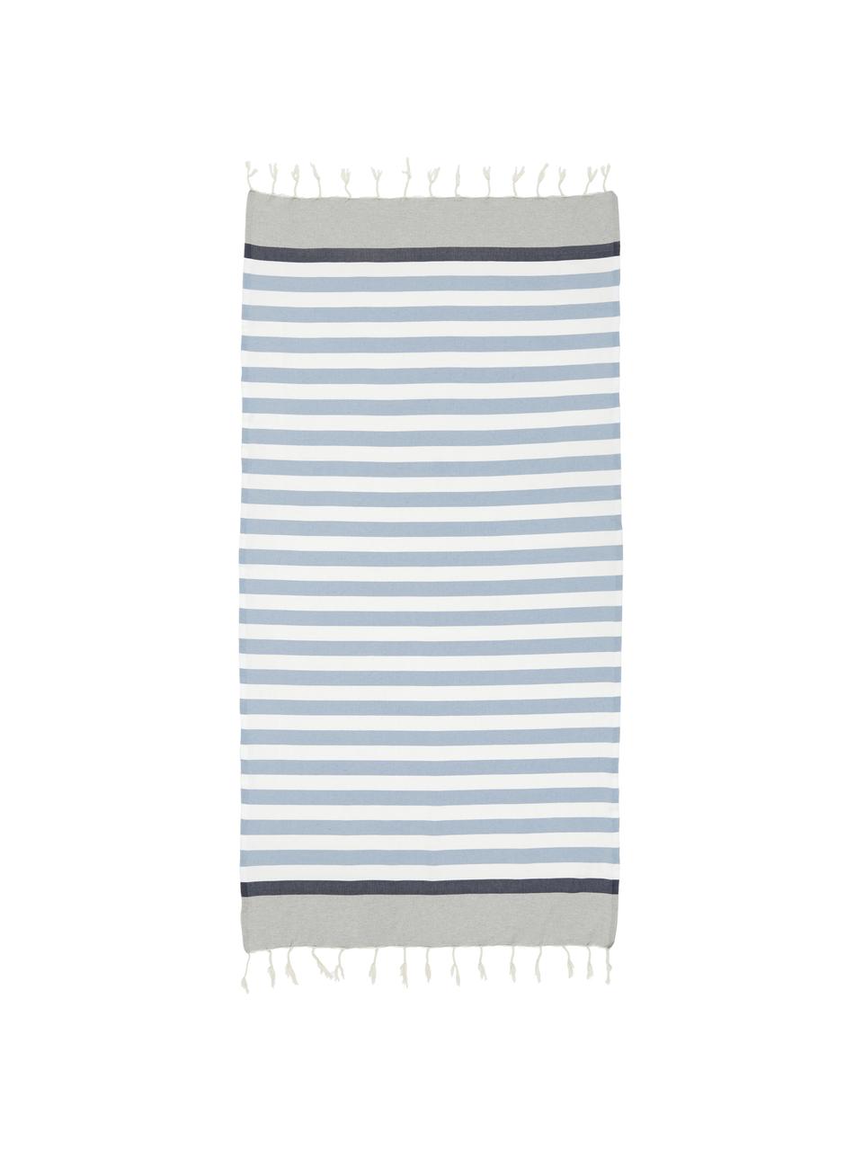 Pruhovaná plážová osuška s třásněmi Arcachon, 100 % bavlna, Světle šedá, bílá, odstíny modré, Š 100 cm, D 200 cm