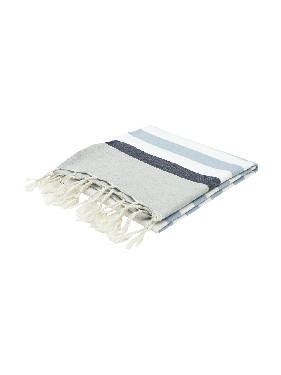 Fouta rayé à franges Arcachon, 100 % coton, Gris clair, blanc, tons bleus, larg. 100 x long. 200 cm