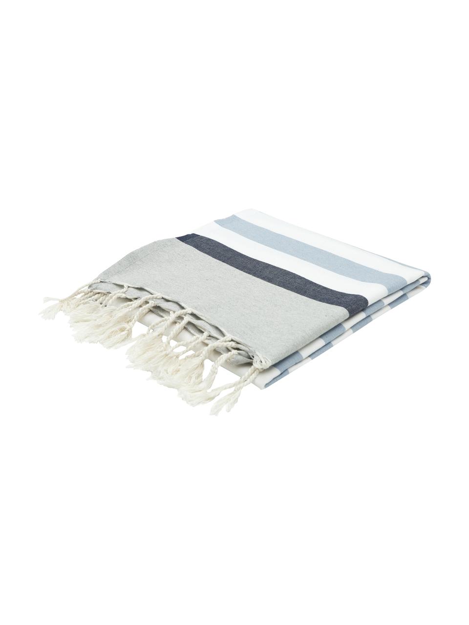 Ręcznik plażowy z frędzlami Arcachon, 100% bawełna, Jasny szary, biały, odcienie niebieskiego, S 100 x D 200 cm