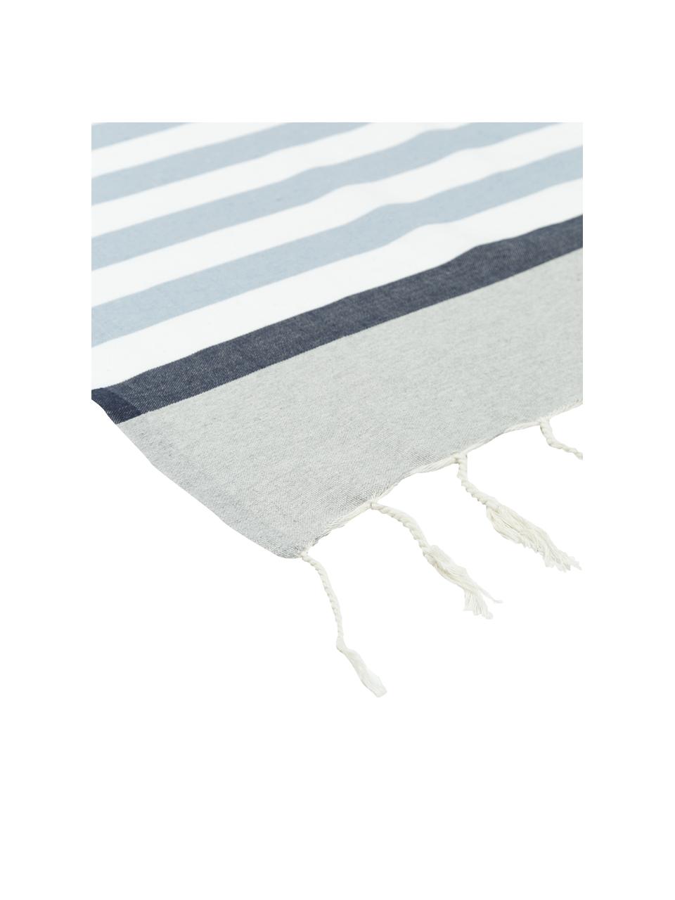 Fouta rayé à franges Arcachon, 100 % coton, Gris clair, blanc, tons bleus, larg. 100 x long. 200 cm