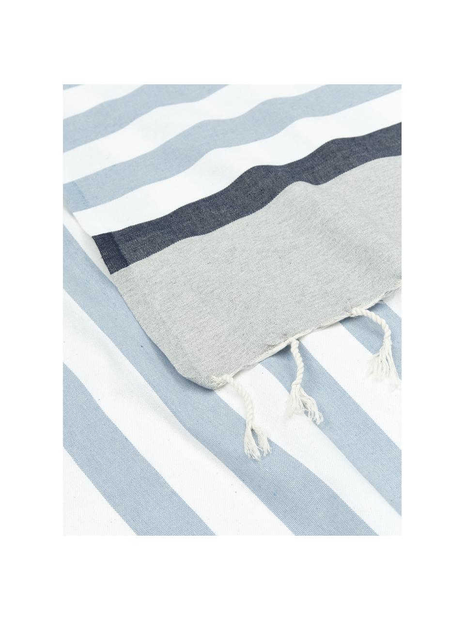 Fouta rayé à franges Arcachon, 100 % coton, Gris clair, blanc, tons bleus, larg. 100 x long. 200 cm