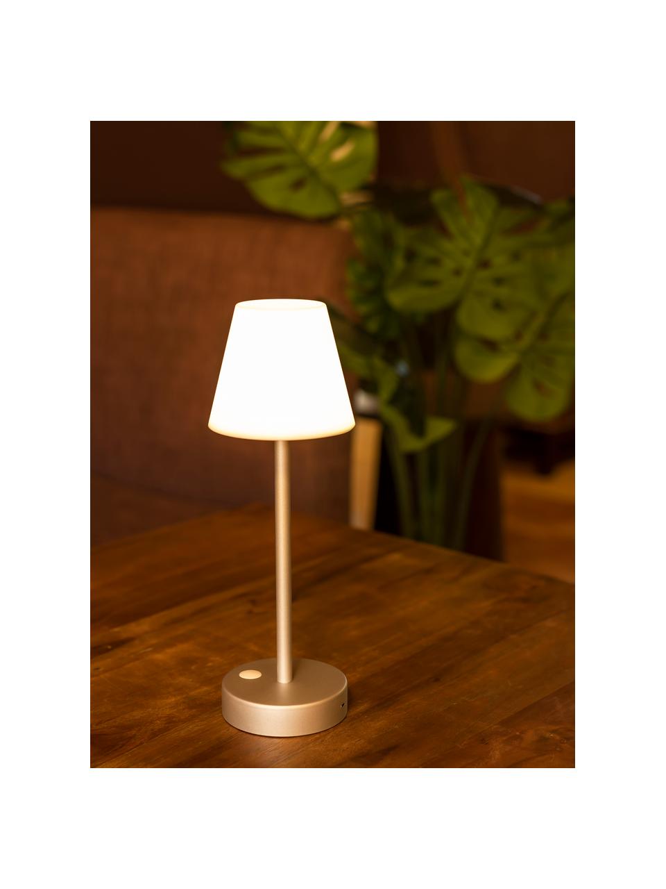 Lampada da tavolo portatile a LED dimmerabile da esterno con funzione touch Lola, Paralume: polipropilene, Base della lampada: metallo rivestito, Bianco, dorato, Ø 11 x Alt. 32 cm