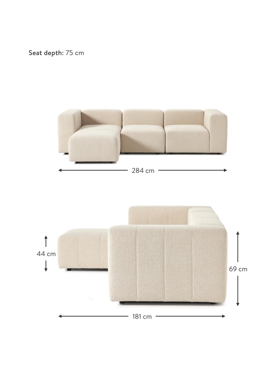 Sofa modułowa bouclé z pufem Lena (4-osobowa), Tapicerka: bouclé (93% poliester, 6%, Stelaż: drewno sosnowe, sklejka, , Nogi: tworzywo sztuczne, Beżowy bouclé, S 284 x G 181 cm