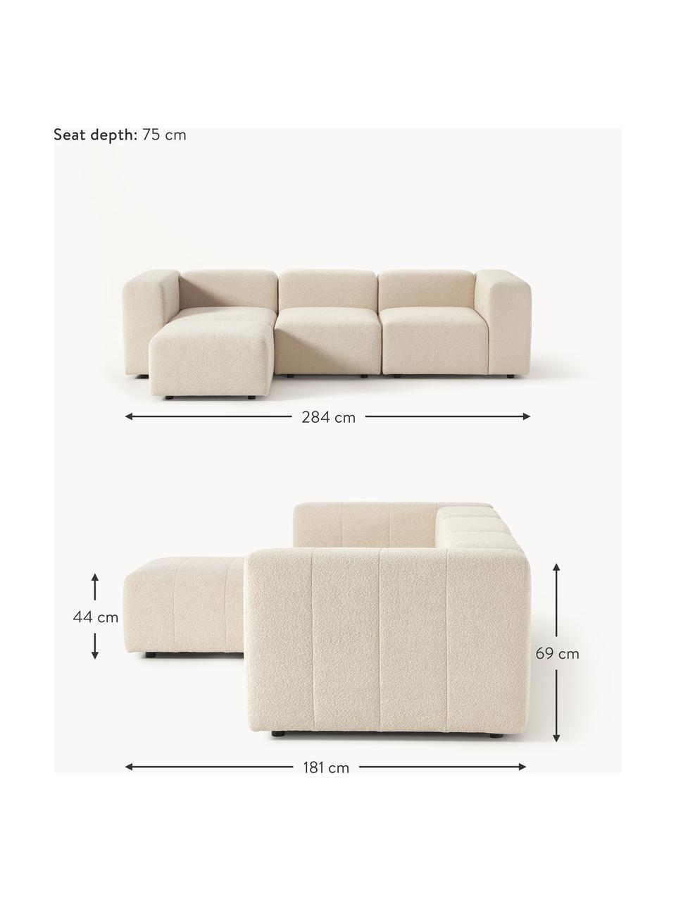 Canapé modulable 4 places en tissu bouclé avec pouf Lena, Tissu bouclé beige clair, larg. 284 x prof. 181 cm