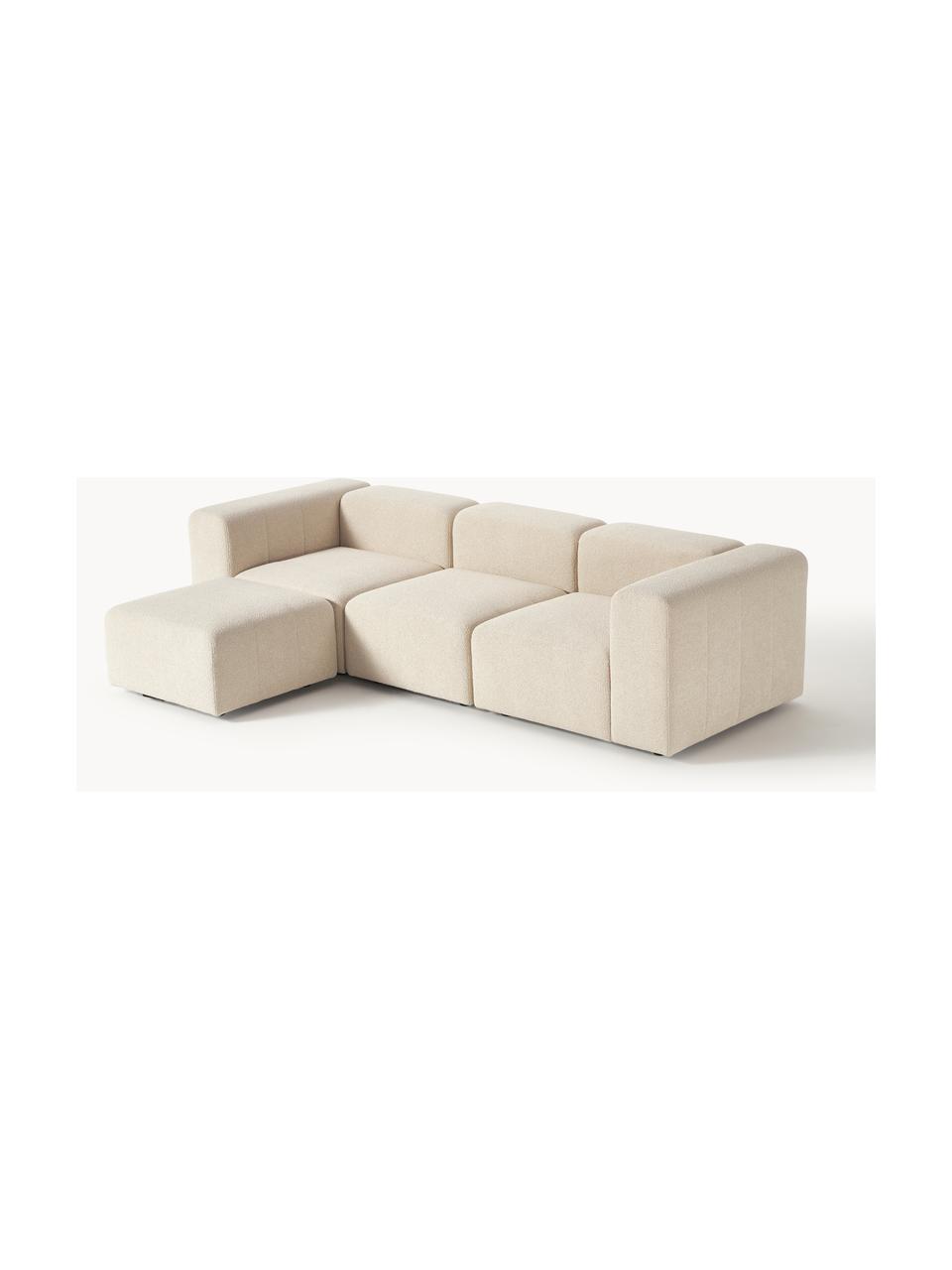 Canapé modulable 4 places en tissu bouclé avec pouf Lena, Bouclé beige clair, larg. 284 x prof. 181 cm