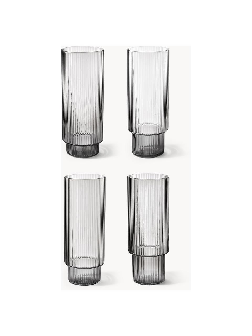 Mundgeblasene Longdrinkgläser Ripple mit Rillenrelief, 4er-Set, Glas, mundgeblasen, Grau, transparent und glänzend, Ø 6 x H 14 cm, 300 ml