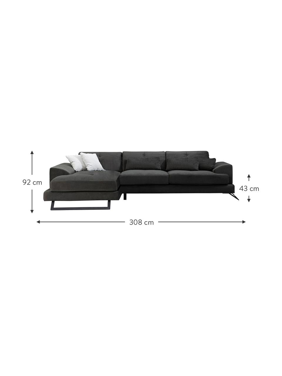 Divano angolare 4 posti in tessuto antracite Frido, Rivestimento: 100% poliestere, Struttura: legno di betulla, truciol, Piedini: metallo rivestito, Antracite, Larg. 308 x Prof. 190 cm