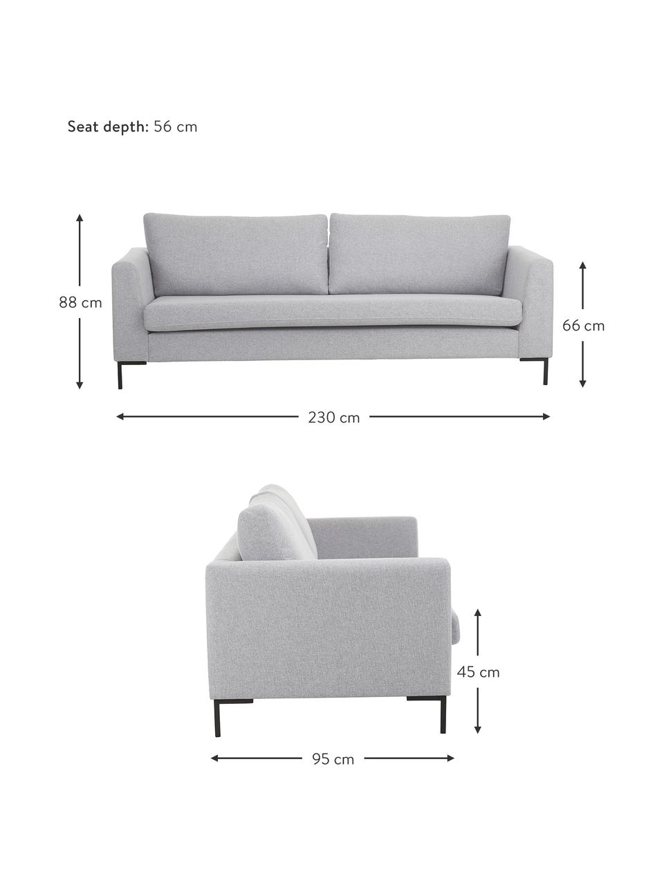 Sofa Luna (3-osobowa), Tapicerka: 100% poliester Dzięki tka, Stelaż: lite drewno bukowe, Nogi: metal galwanizowany, Jasnoszara tkanina, S 230 x G 95 cm