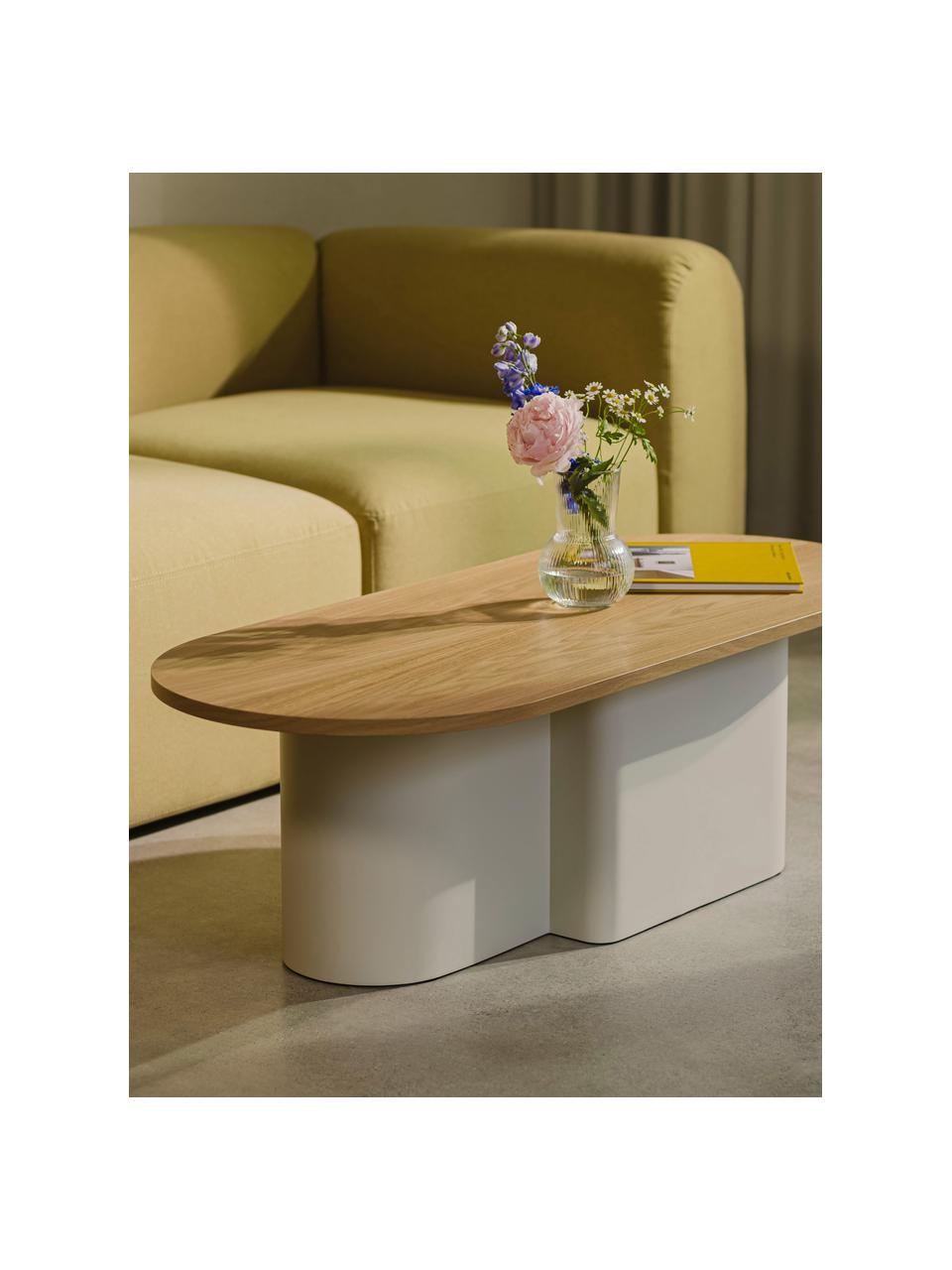 Table basse ovale en bois Looi, Blanc crème, bois clair, larg. 115 x prof. 37 cm