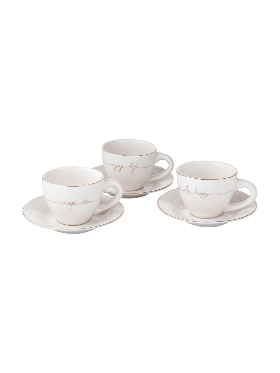 Teetassen Happy mit Untertasse mit goldener Aufschrift, 3er-Set, Porzellan, Weiss, Goldfarben, Ø 15 x H 8 cm