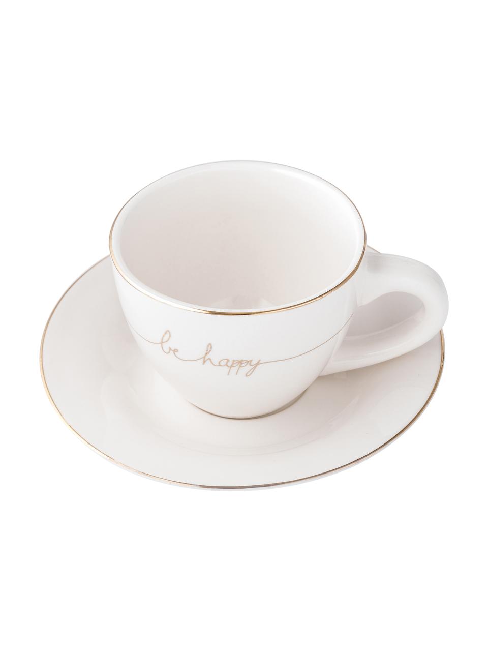 Teetassen Happy mit Untertasse mit goldener Aufschrift, 3er-Set, Porzellan, Weiss, Goldfarben, Ø 15 x H 8 cm