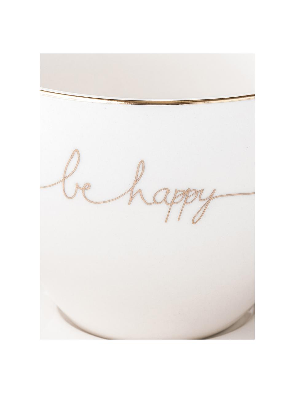 Tazas con platito Happy, 3 uds., Porcelana, Blanco, dorado, Ø 15 x Al 8 cm