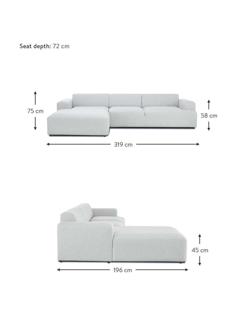 Ecksofa Melva (4-Sitzer), Bezug: 100% Polyester Der hochwe, Gestell: Massives Kiefernholz, FSC, Füße: Kunststoff, Webstoff Hellgrau, B 319 x T 196 cm, Eckteil links