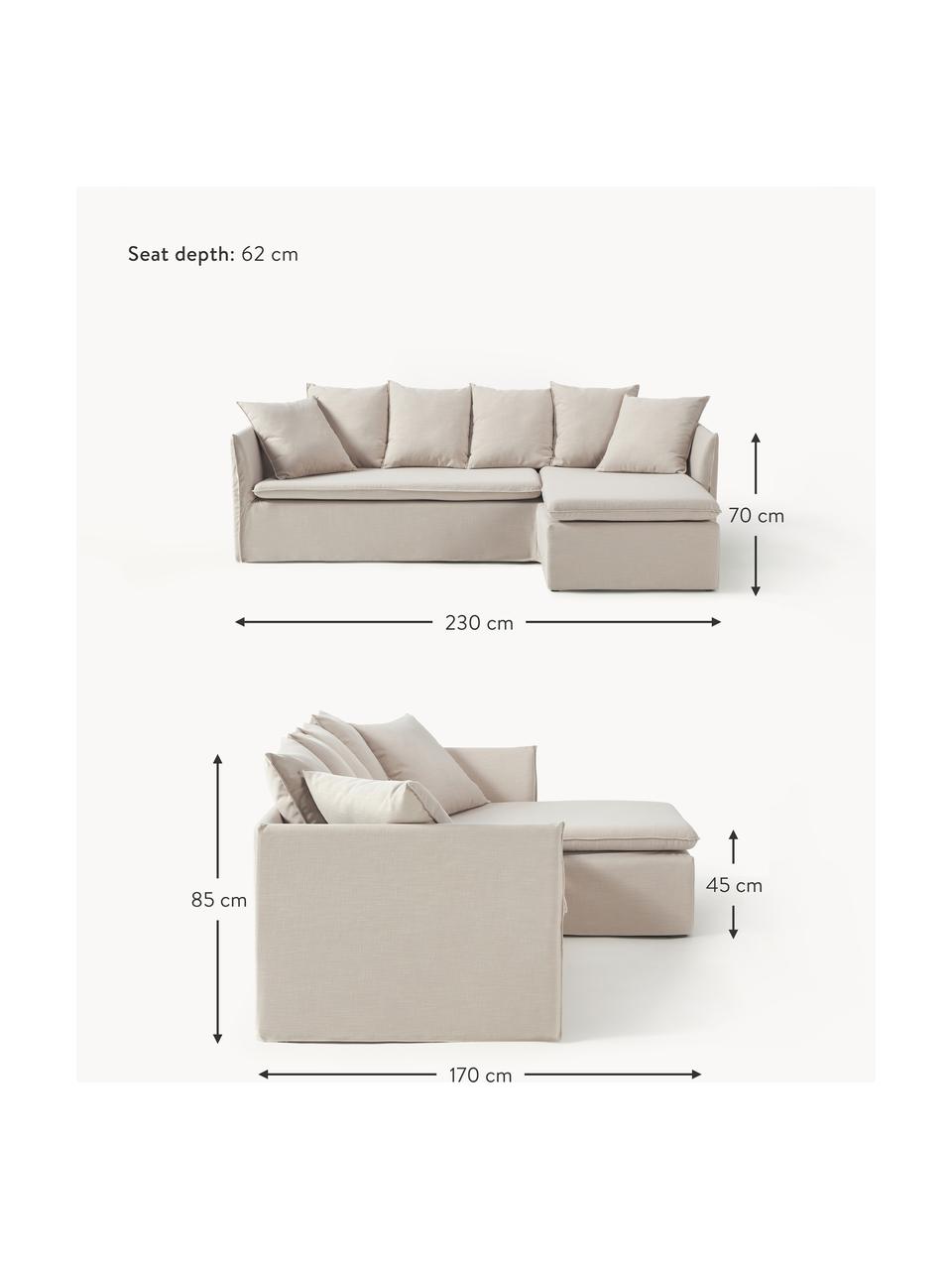 Sofa narożna Mila (3-osobowa), Tapicerka: 100% poliester Dzięki tka, Stelaż: drewno sosnowe, płyta pil, Jasnoszara tkanina, S 230 x W 85 cm, prawostronna